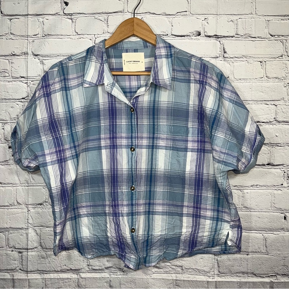Lucky Brand Relaxed Plaid Shirt Womens Medium Blue Oversized Boxy Short Sleeve